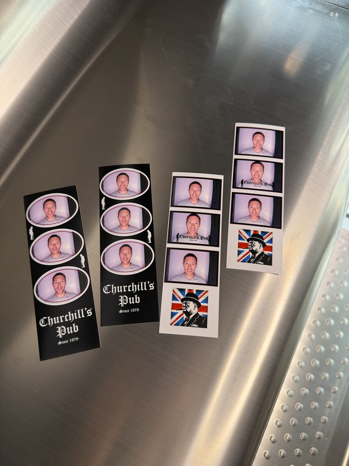 Four branded Churchill's Pub photo strips